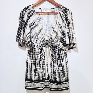 ECI Womens Ivory Black Tie Dye Medallion Studded V Neck Blouse Size XL Boho